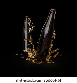 3D rendering beer bottles with splash