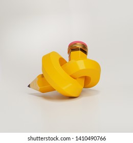 3d rendering of bent yellow pencil with pink rubber and metal tip. Soft shadow isolated on white background. Knotted twisted shape with realistic detailed texture.  Thick short graphite pencil - Powered by Shutterstock