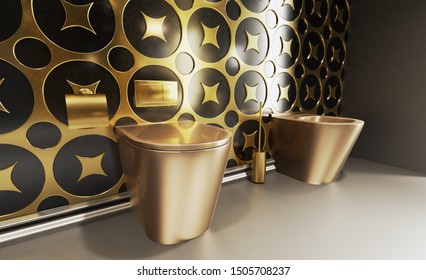 3D rendering. A big  bathroom in dark colors and gold tiles on the walls. Large panoramic window. Golden toilet and bidet. Loft style shower