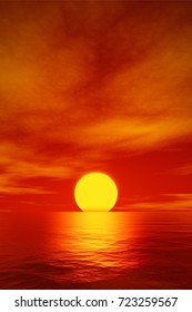 3d rendering of a big beautiful red sunset over the ocean