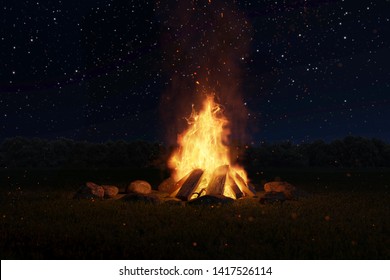 3d rendering of big bonfire with sparks and particles in front of forest and starry sky