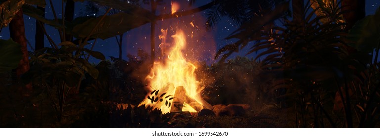 3d Rendering Of Big Bonfire With Sparks In The Jungle Forest At The Night