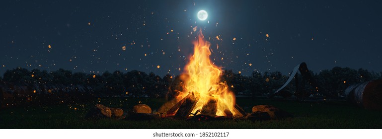 3d rendering of big bonfire with sparks and particles in front of forest and moonlight - Powered by Shutterstock