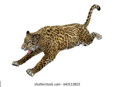 3D Rendering Of A Big Cat Jaguar Jumping Isolated On White Background