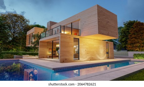 3D Rendering Of A Big Contemporary Villa In Light Wood With Impressive Garden And Pool In The Evening