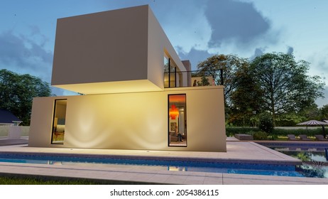 3D rendering of a big contemporary white villa with impressive garden and pool in the evening