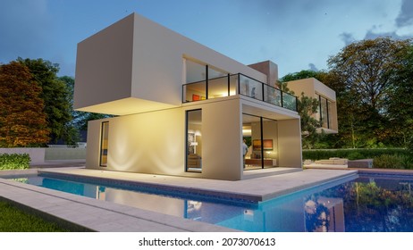 3D Rendering Of A Big Contemporary White Villa With Impressive Garden And Pool In The Evening