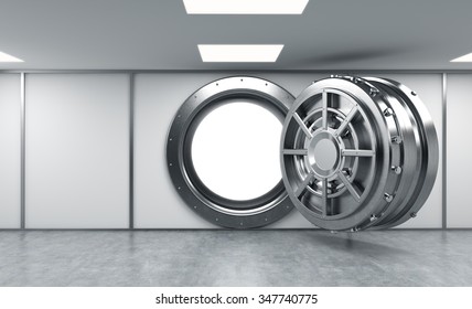 3D Rendering Of A Big Open Round Metal Safe In A Bank Depository With Bright Light Shining Inside, A Concept Of Bright Future, Front View