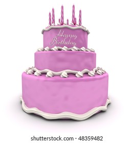 3D Rendering Of A Big Pink Birthday Cake