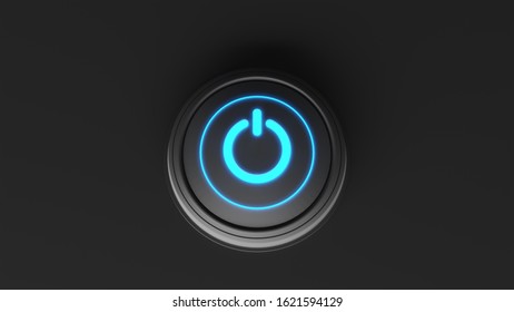 3d Rendering Of A Big Power Button With Blue Led Lights