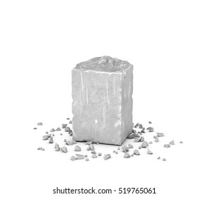 3d Rendering Big Rectangular Block Of Gray Rock And Its Chips Isolated On White Background. Mineral Extraction. Traditional Mining And Equipment. Stone Carving.