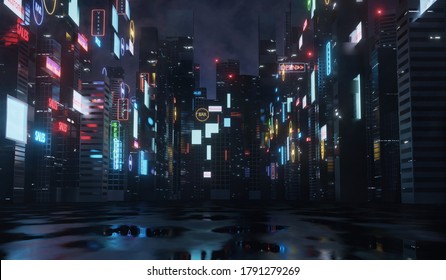 3D-рендеринг рекламных щитов и рекламных вывесок в современных зданиях столицы с отражением света от луж на улице. Концепция ночной жизни, никогда не спите в деловом центре (CBD)