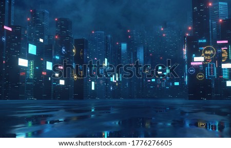 3D Rendering of billboards and advertisement signs at modern buildings in capital city with light reflection from puddles on street. Concept for night life, never sleep business district center (CBD) Imagine de stoc © 