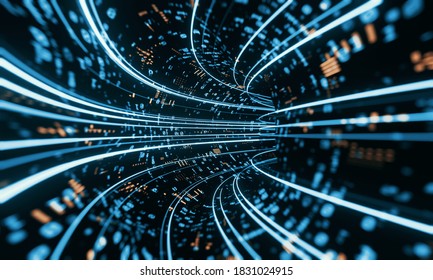 3D Rendering Of Binary Tunnel With Led Leading Light. Concept For Data Mining, Big Data Visualization, Machine Learning, Data Discovery Technology, Customer Product Analysis.