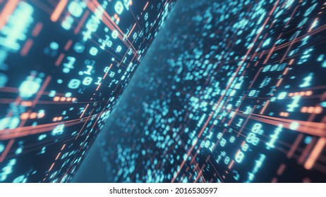 3D Rendering Of Binary Tunnel With Led Leading Light. Concept For Data Mining, Big Data Visualization, Machine Learning, Data Discovery Technology, Customer Product Analysis.