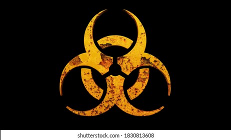 3D rendering of a biohazard symbol weathered down and corroded with grime and rust