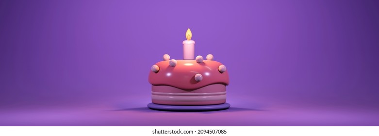 3D Rendering Of Birthday Cake With Candle In Dark Pastel Theme Concept Of Birthday Party Banner. 3D Render Illustration.