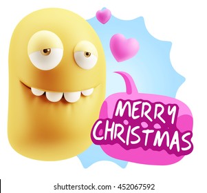 3d Rendering. Biting Lip Emoticon Face saying Merry Christmas with Colorful Speech Bubble.