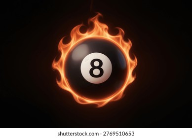 3d rendering of a black 8-ball engulfed in vibrant orange flames against a dark, moody background, symbolizing intense competition or a hot streak.