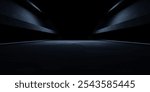 3d rendering of black abstract geometric background. Scene for advertising design, showroom, technology, future, modern, sport, game, alien, spaceship, garage. Sci Fi Illustration. Mysterious dystopia