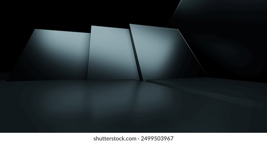 3d rendering of black abstract geometric background. Scene for advertising design, showroom, technology, future, modern, sport, game, spaceship, cosmetic, warehouse, garage. Sci Fi Illustration