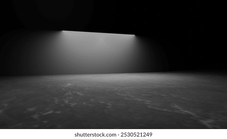 3d rendering of black abstract geometric modern dark room background. Scene for advertising design, showroom, technology, future, modern, sport, game, spaceship, warehouse, garage. Sci Fi Illustration
