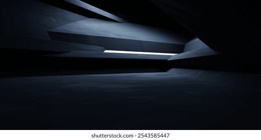 3d rendering of black abstract geometric background. Scene for advertising design, showroom, technology, future, modern, sport, game, alien, spaceship, garage. Sci Fi Illustration. Mysterious dystopia