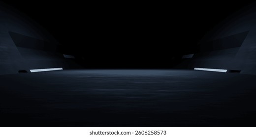 3d rendering of black abstract geometric modern dark room background. Scene for advertising design, showroom, technology, future, modern, sport, game, spaceship, warehouse, garage. Sci Fi Illustration