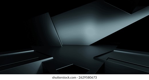3d rendering of black abstract geometric background. Scene for advertising design, showroom, technology, future, modern, sport, game, spaceship, cosmetic, warehouse, garage. Sci Fi Illustration