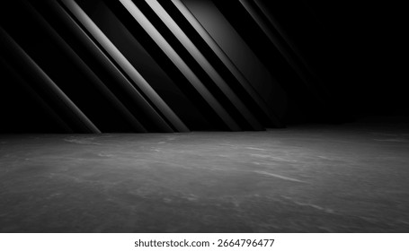 3d rendering of black abstract geometric modern dark room background. Scene for advertising design, showroom, technology, future, modern, sport, game, spaceship, E-sport, garage. Sci Fi Illustration