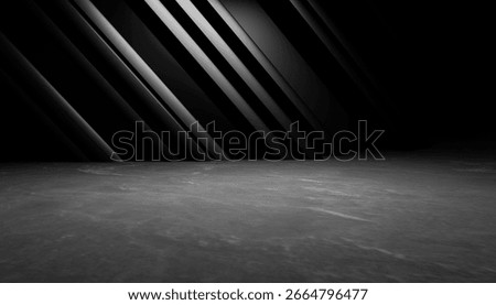 3d rendering of black abstract geometric modern dark room background. Scene for advertising design, showroom, technology, future, modern, sport, game, spaceship, E-sport, garage. Sci Fi Illustration