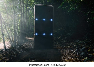 3D Rendering Of A Black Alien Monolith Standing On A Path In Woodland Natural Environment 