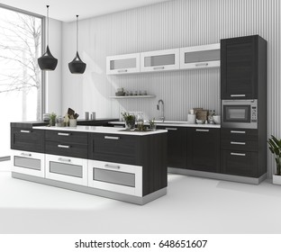 3d Rendering Black Bar Kitchen In Minimal Room In Winter