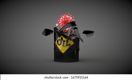 3D Rendering Of A Black Barrel With Oil Destroyed By A Red Virus. The Idea Of A Coronavirus Threat To The Oil Industry. Image On A Dark, Gradient Background, Isolated.