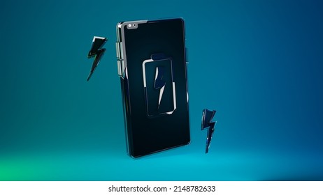 3D Rendering Of A Black Cell Phone In A Glassy Case With A Glassy Battery Icon, With Lightning Icons On The Sides Of The Phone