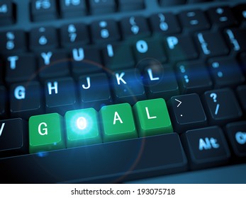 3d rendering of black computer keyboard with bright shiny green goal button