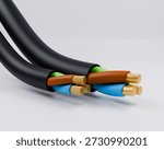 3D rendering of black electrical cables with exposed copper cores and multicolored insulation on white background, industrial power supply concept.