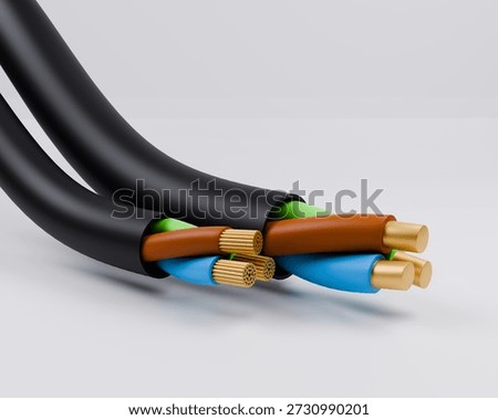 3D rendering of black electrical cables with exposed copper cores and multicolored insulation on white background, industrial power supply concept.