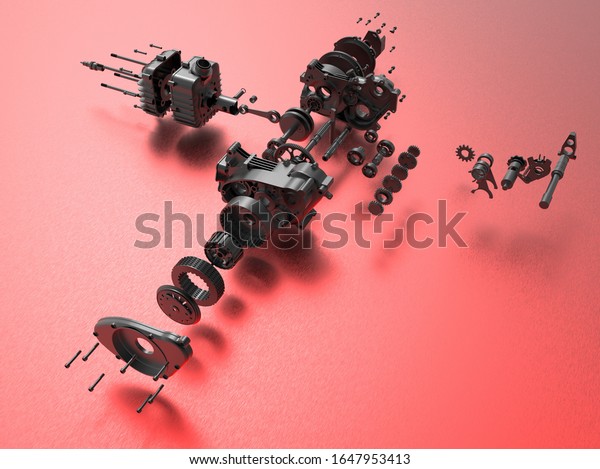 3D\
rendering - black gear box exploded view\
components