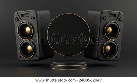 3D rendering of a black and gold circle podium showcase background stand with speaker for marketing. website banners or promotional sales.
