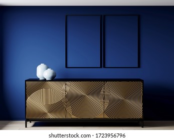 3d Rendering Black And Gold Furniture. Blue Ceramics Of Decorative Elements. Two Frames On A Dark Empty Blue Wall