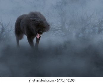 3D rendering of a black growling aggressive wolf with glowing red eyes in a dark mysterious foggy forest.