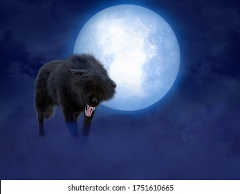 3D rendering of a black growling aggressive wolf or werewolf with glowing red eyes in front of a big moon. Stars in the night sky, fog on the ground.