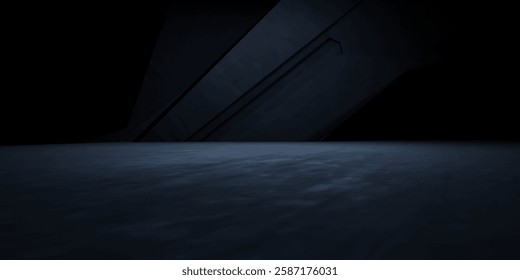 3d rendering of black hallway dark room spaceship background with abstract geometric. minimalist concept. Scene for advertising, showroom, technology, modern, sport, game, garage. Sci Fi Illustration