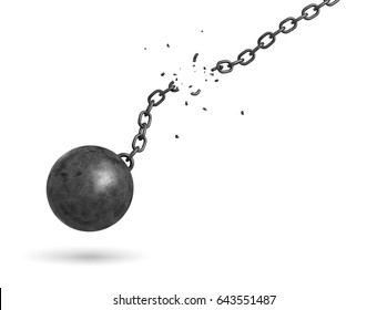 3d Rendering Of A Black Iron Ball Swinging And Falling From A Broken Chain. Freedom From Obligations. Unrestricted Future. Broken Chains.