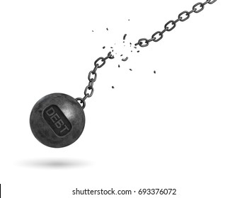 3d Rendering Of A Black Iron Wrecking Ball With A Writing DEBT On It Swings On A Broken Chain. Settling All Debts. Restructuring. Accounting Help.