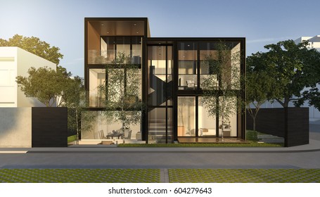3d Rendering Black Loft Modern House In Summer