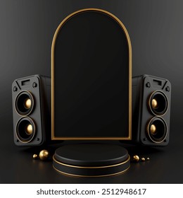 3D rendering black luxury circle podium and left and right audio speaker background, for marketing, price reductions, website banner, sales promotion.