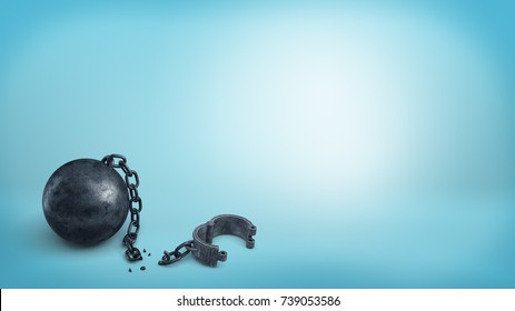 3d rendering of a black metal iron ball disconnected from a leg cuff by a broken chain on blue background. Break free. Without restrictions. Escape to success.
