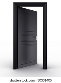 3d Rendering Of A Black Open Door Standing On A White Floor